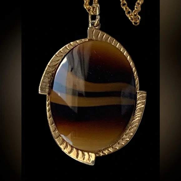 Vintage SARAH COVENTRY Glass Tigers Eye Oval Gold Plated Necklace Jewelry - Picture 3 of 7